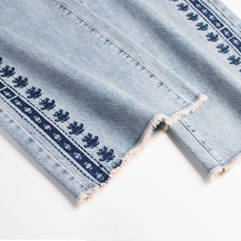 [REHUOJIALI Series] ★Denim Pants★ Embroidery Bottoms Trousers Women's Blue Blue Large Size