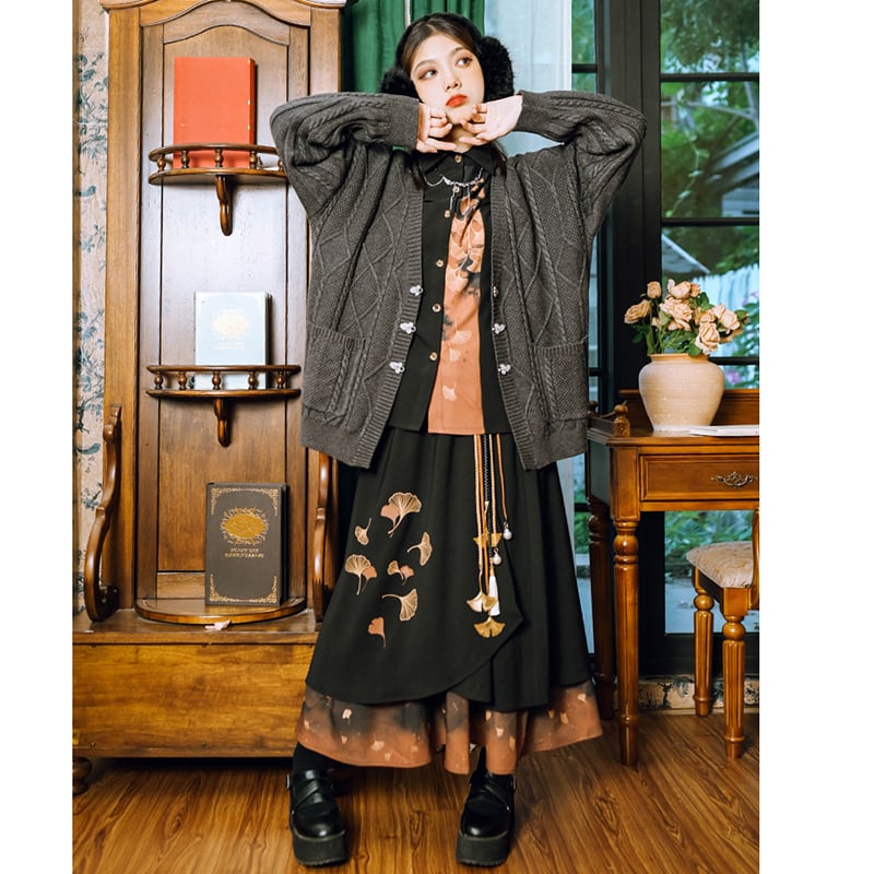 [Kokaisha --- Leaf Series] ★China style shirt★ Tops, long sleeve shirt, retro color scheme, cute black, orange