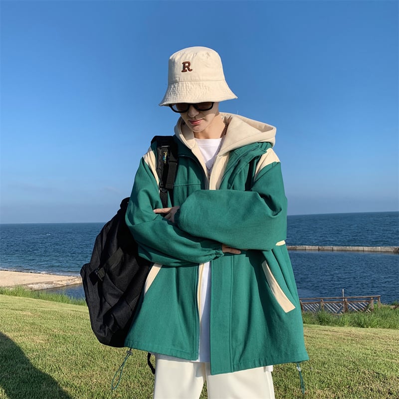 [MANYSTON series]★Jacket★ Outerwear 3color fake layered hooded unisex men's green black beige