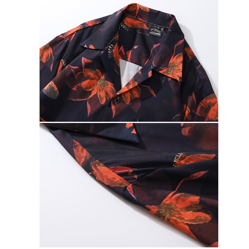 [From Mars Series]★Retro Shirt★ Print Unisex Floral Pattern Short Sleeve Cool Black Black Summer