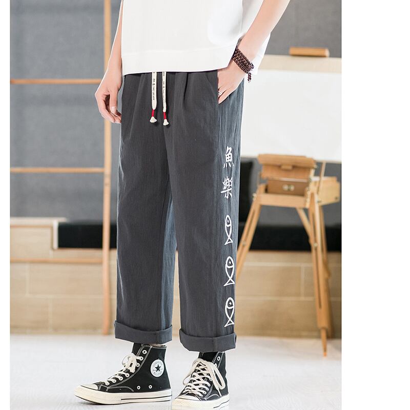 [TAOHUAYUAN Series]★China style trousers★ 3color bottoms trousers casual pants unisex men's large size fish nine-quarter length