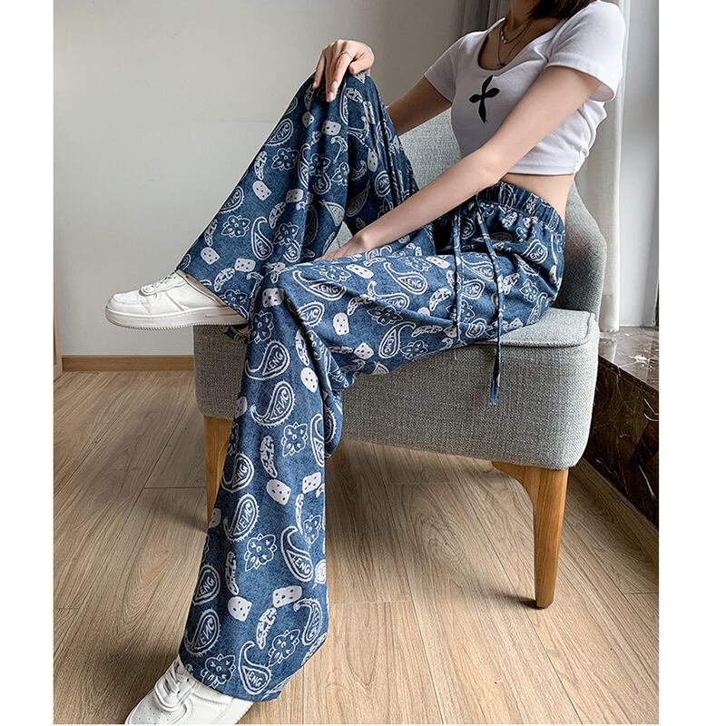 [FENGLIN Series] ★Casual Pants★ Bottoms Trousers Cool Blue Blue Slimming Print Summer Clothes Paisley