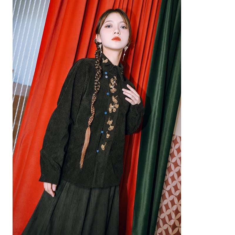 [Kokaisha --- Leaf Series] ★Chinese style tops★ Embroidery Hanfu tops Corduroy Thick Autumn/Winter Clothes Retro Black