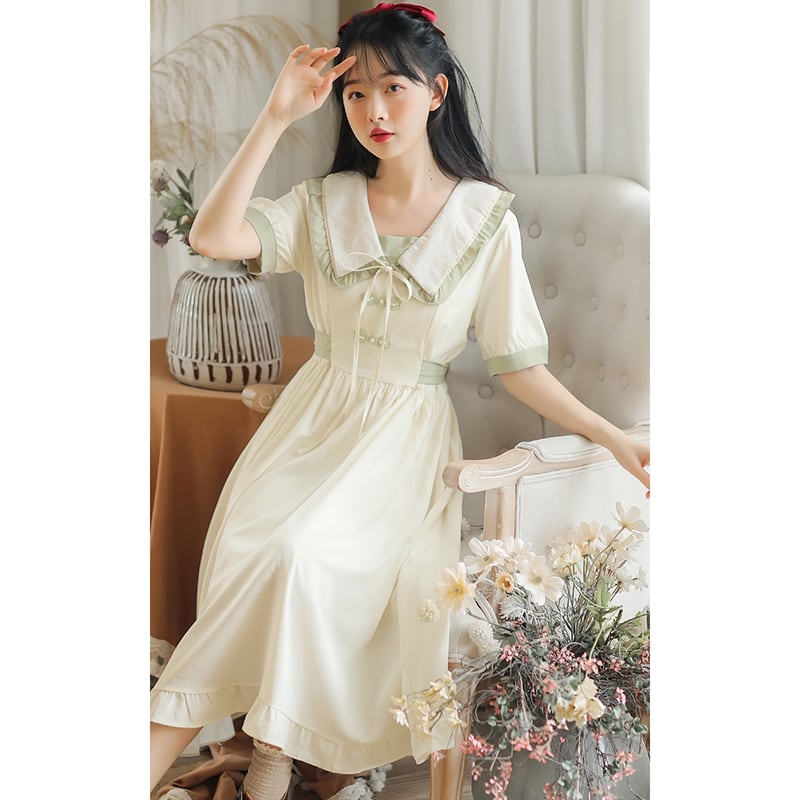 [Large Orange Series] ★China-style dress★ Improved cheongsam dress, summer clothes, cheongsam button, improves temperament, beige