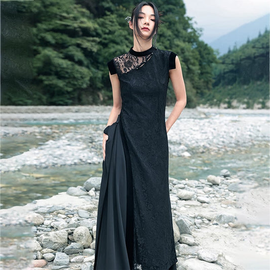 [Big Blue Dragon Series] ★China style tops★ Long tops with slit design, slimming, lace