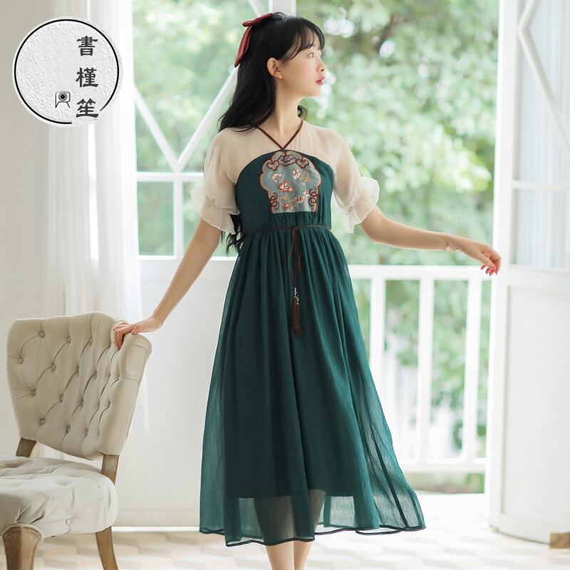 [Shogunsho series]★Hanfu dress★ Embroidery Casual wear Chiffon V-neck Green Green Coming-of-age ceremony SML XL Green Green