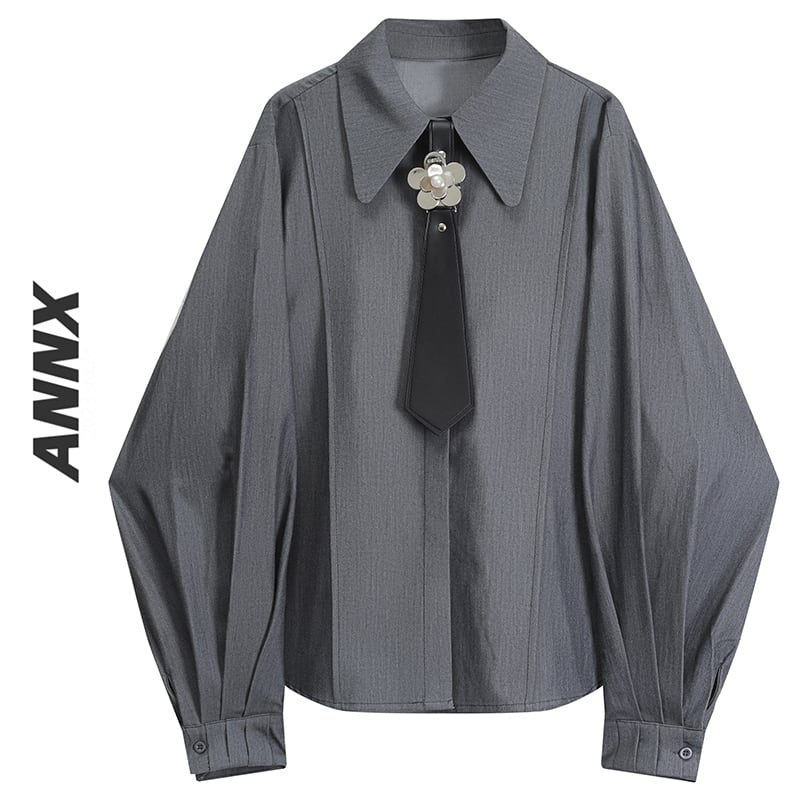 [ANNXstudio series]★Shirt with tie★ Shirt Long sleeve shirt Tops Casual Loose Gray Gray