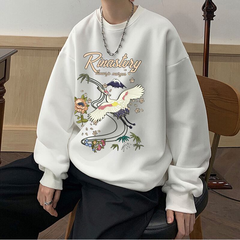 [LUONAI Series]★China style tops★ 6color round neck casual crane crane pattern print unisex men's large size