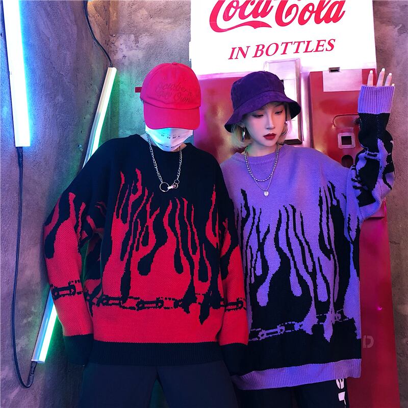 [OOTDstudio Series]★Sweater★ 2color Tops Flame Flame Pattern Knit Tops Unisex Men's Red Purple