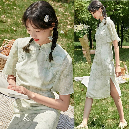 [YIJIA Series]★Improved Chinese dress★ Chinese style dress Green Green Cute Large size