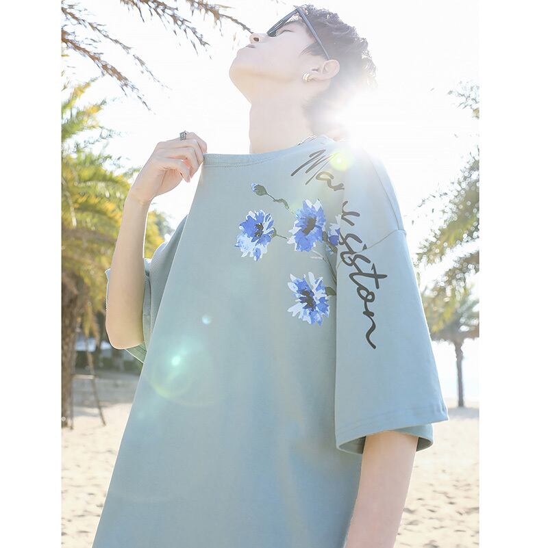 [MANYSTON Series]★T-shirt★ Tops 3color Unisex Men's Short Sleeve Floral Pattern Blue White Black Casual