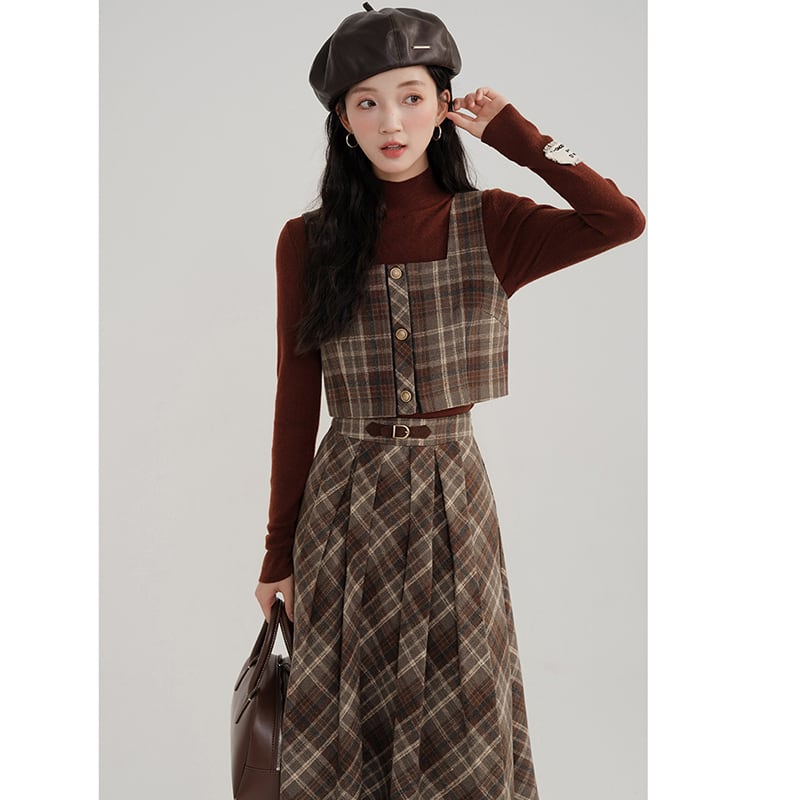 [Kiyi series]★Setup★Checked pattern vest + checked pattern skirt Retro cute Daterasha