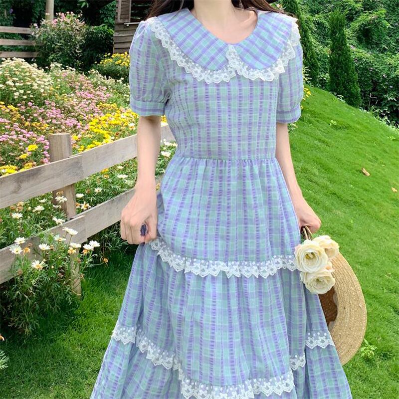 [Dong Xiaojie Series] ★Checked pattern dress★ Large size, commuting to school, commuting, slimming, cute, blue, summer clothes, short sleeves