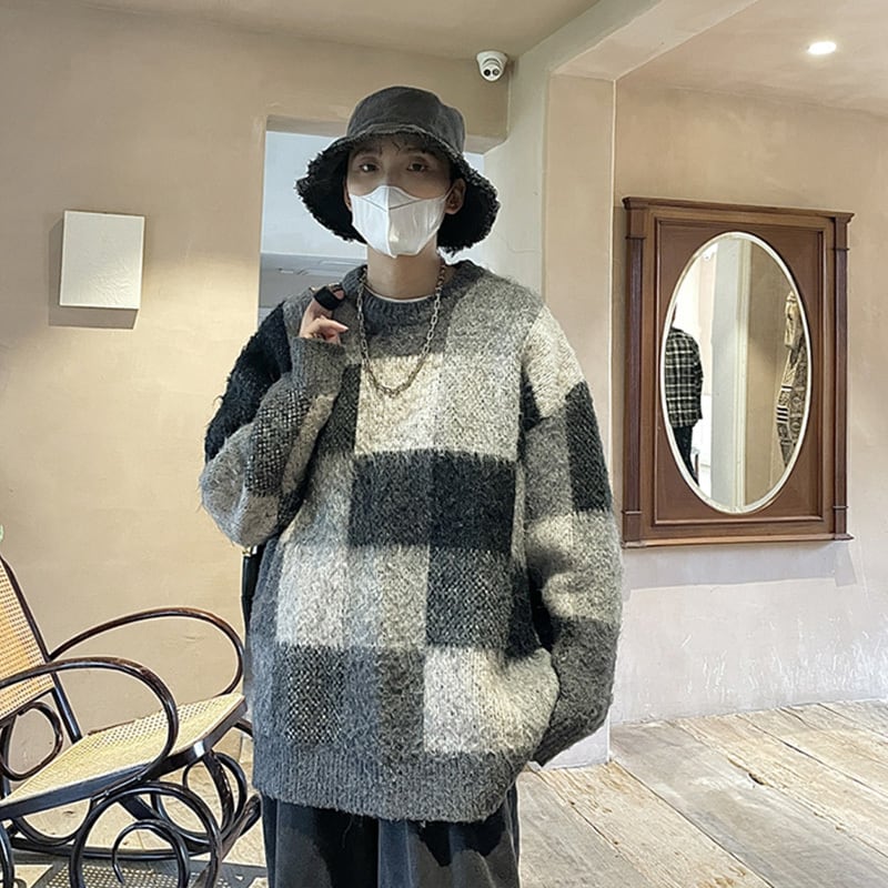 [Tetsusho Series]★Sweater★ 2color Knit Tops Unisex Men's Plaid Pattern Retro ML XL 2XL