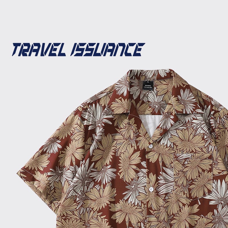 【TRAVEL ISSUANCEシリーズ】★花柄シャツ★ 2color 油絵風 プリント 男女兼用 メンズ ワインレッド グレー