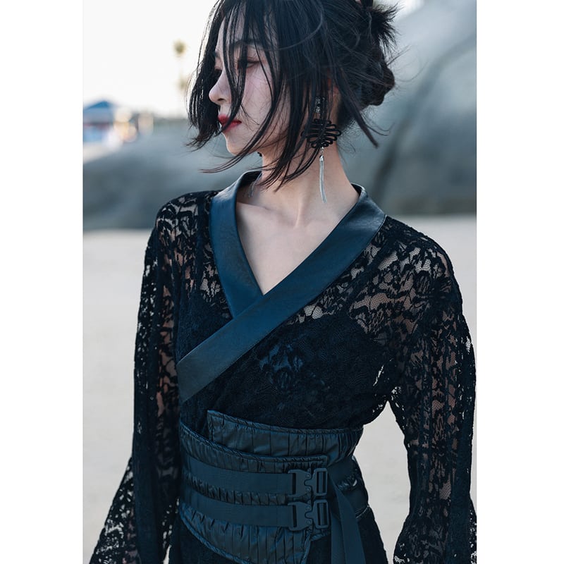 [Big Blue Dragon Series] ★Chinese style dress★ Lace openwork sexy switching black black