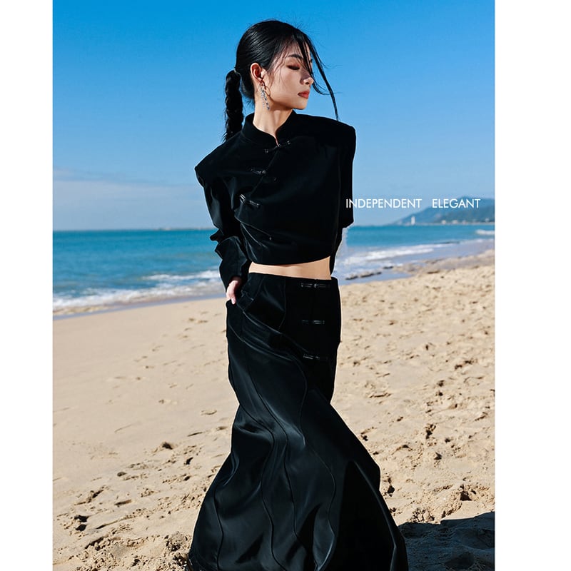 [Big Blue Dragon Series] ★China style skirt★ Bottoms Chinese button slit slimming black black