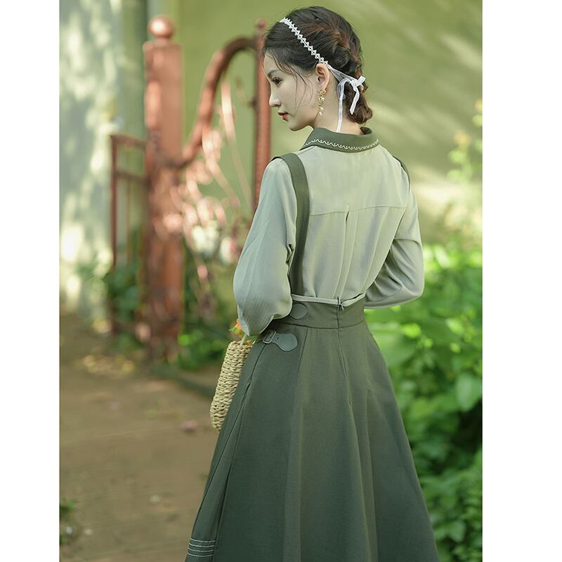 [Jonan Series]★Setup Single item order★ Shirt or hanging skirt Green Green Retro Cute Improves temperament