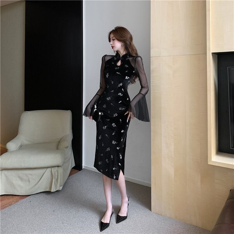 [Eighteen Impression Series]★China Dress★ Velvet Switching Rose Slimming Sexy Black Black SML