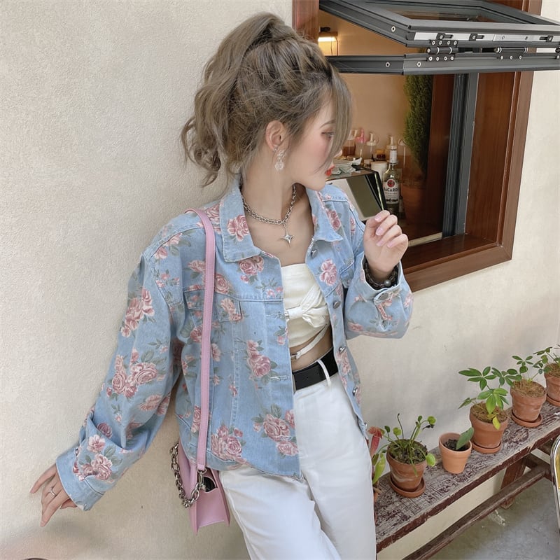 [Home Series]★Denim Jacket★ Floral Tops Outerwear Jacket Women's Short Length