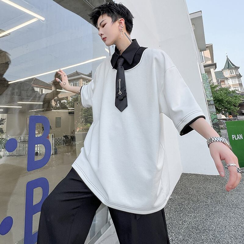 [Coolman Series] ★POLO Shirt★ Tops Unisex Men's Faux Layered Black White