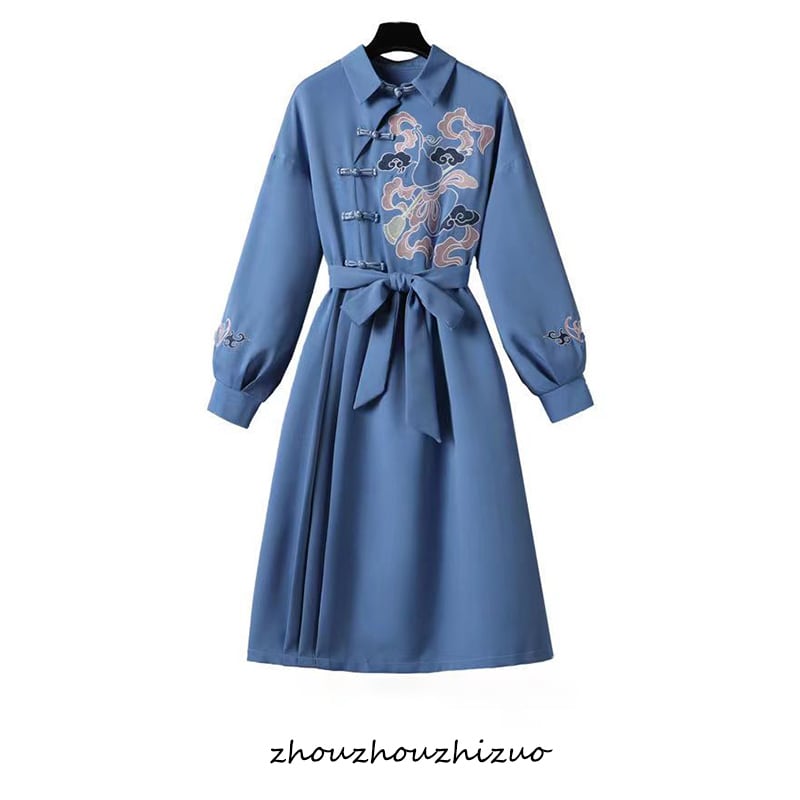 [Shugai Tadaneko Series]★China style dress★Parker dress Embroidery Floral pattern Large sizes available Blue Blue