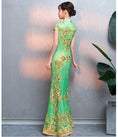 Load image into Gallery viewer, [ELEGANT] Chinese dress, mermaid line dress, slimming and attractive figure, excellent slimming effect, green, green, large size, short sleeves, long length
