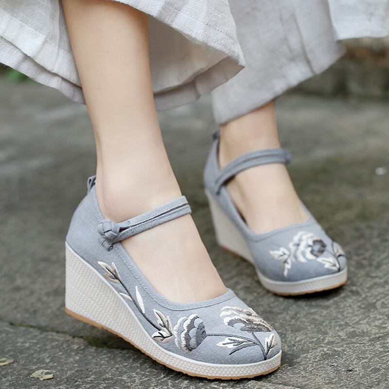 [JINGCHENG series] ★China style shoes★ Shoes 3color embroidery High heels 6.5cm Size 35-40 Tang clothing, cotton linen