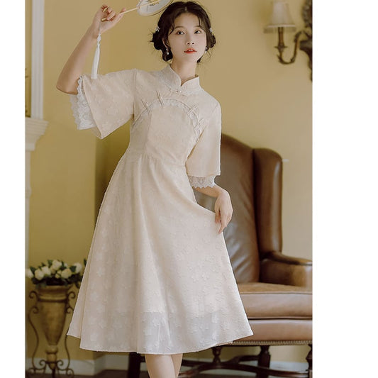 [Takumi Hanamori Series] ★China style dress★ 2color improved cheongsam dress floral pattern cute blue beige SML