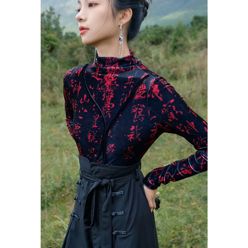 [Big Blue Dragon Series] ★China style tops★ Velvet letter pattern slim slimming black red black red