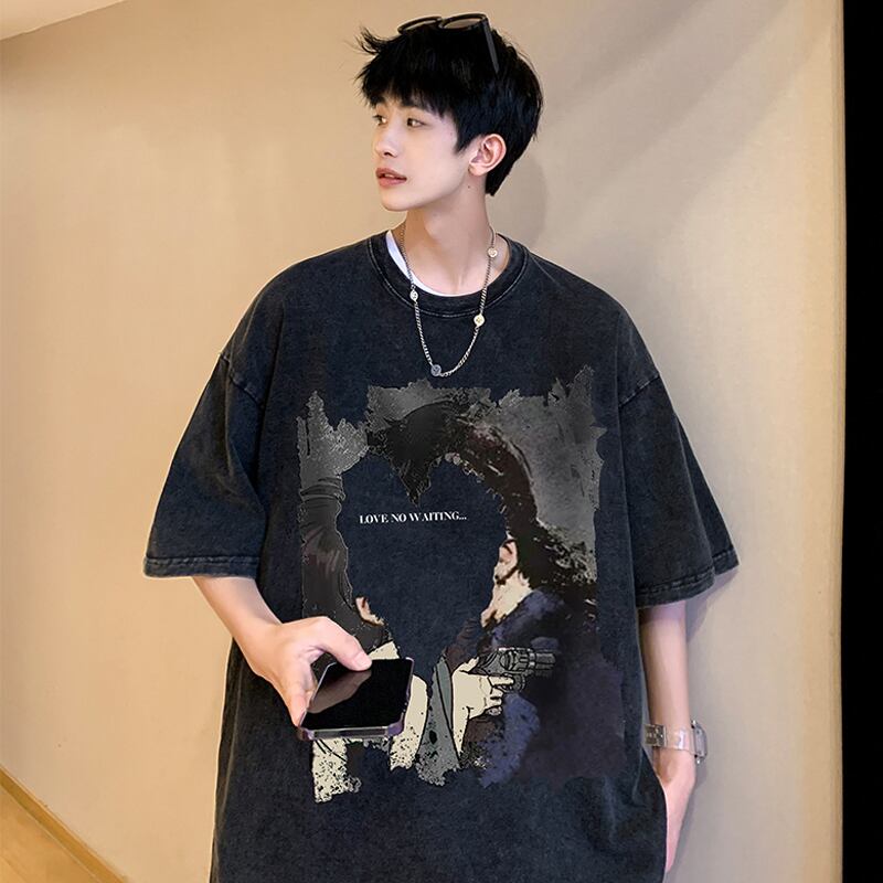 【Lettheheartシリーズ】★トップス★ Tシャツ 男女兼用 メンズ 大きいサイズ レトロ 個性的 黒灰色 合わせやすい