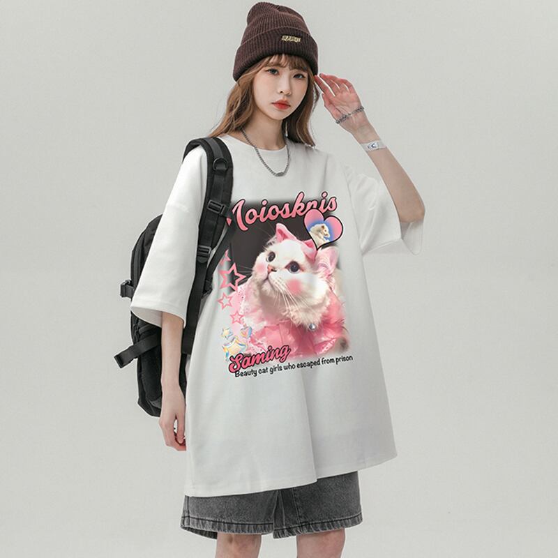 [SENSU Series]★T-shirt★ 3color Tops Unisex Men's Summer Clothes Short Sleeve T-shirt Cat Beige White Black