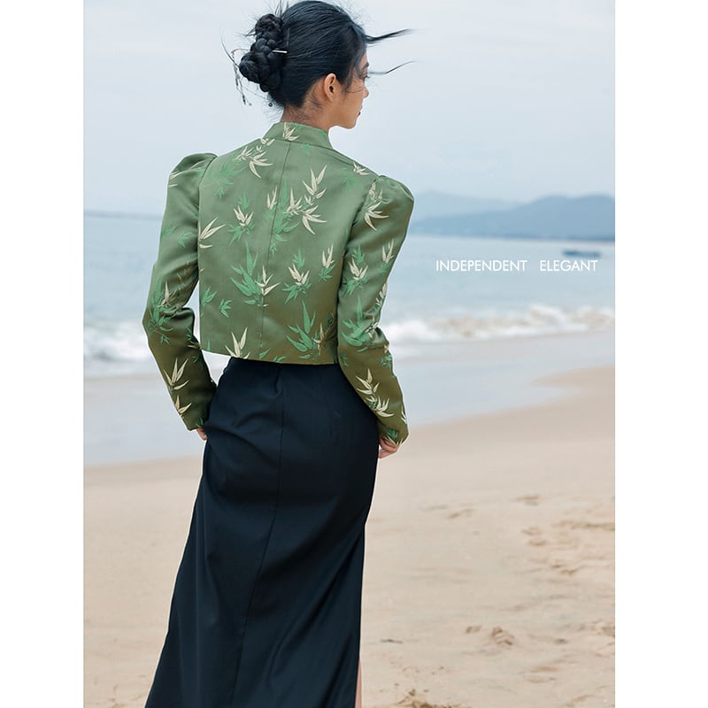 [Big Blue Dragon Series]★China style outerwear★ Tops Shirt Bamboo Green Green Mini Length Chinese Clothes Improves Temperament