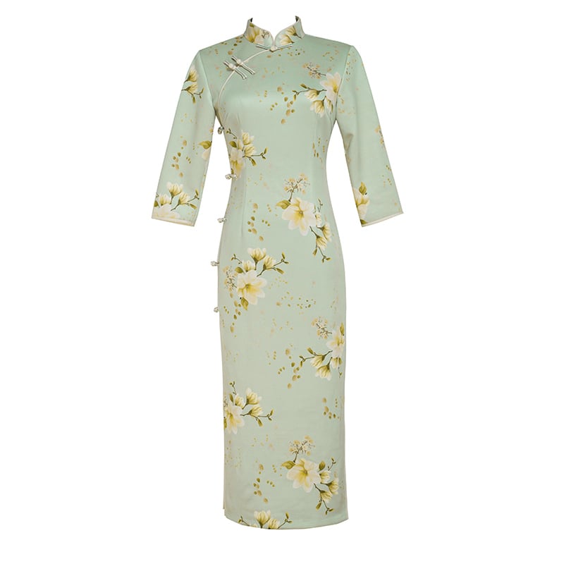 [Agoya Yui Series]★Cheongsam dress★ Floral pattern dress Green Fresh literary style Long length