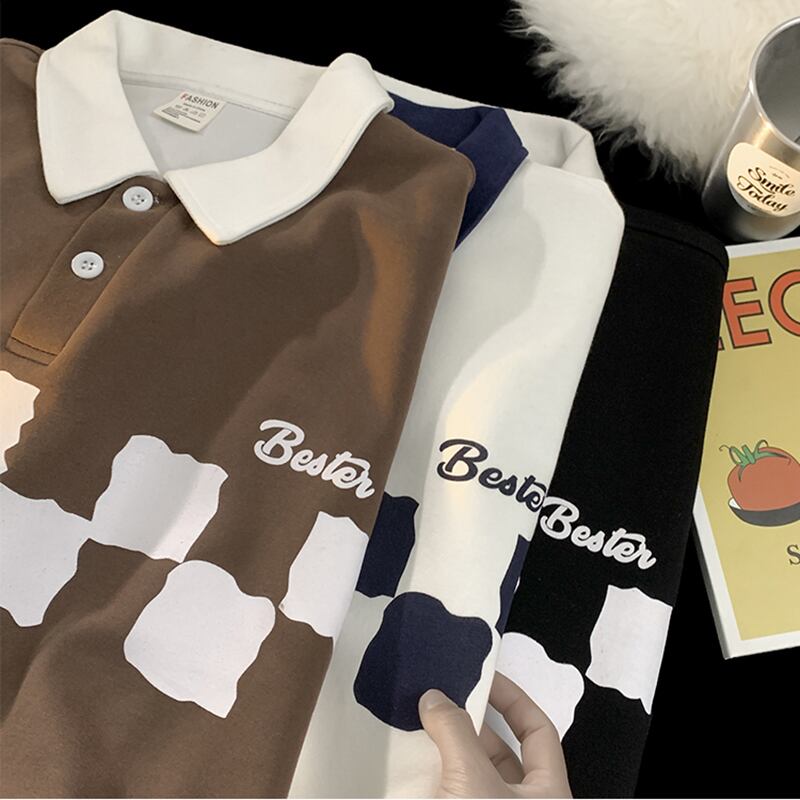 [OULUDE Series]★POLO Shirt★ Tops 3color Plaid Pattern Unisex Men's ML XL 2XL White Black Coffee Color