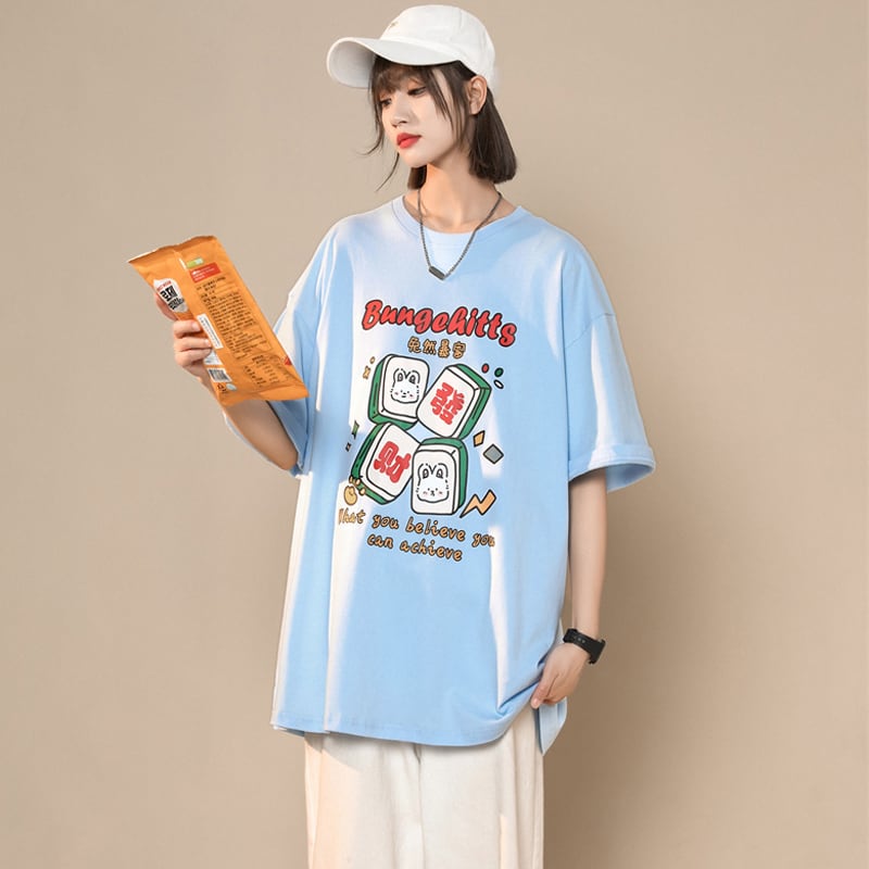 【LIEQUシリーズ】★トップス★ Tシャツ 4color 男女兼用 メンズ 大きいサイズ 赤 青 白 可愛い 夏服