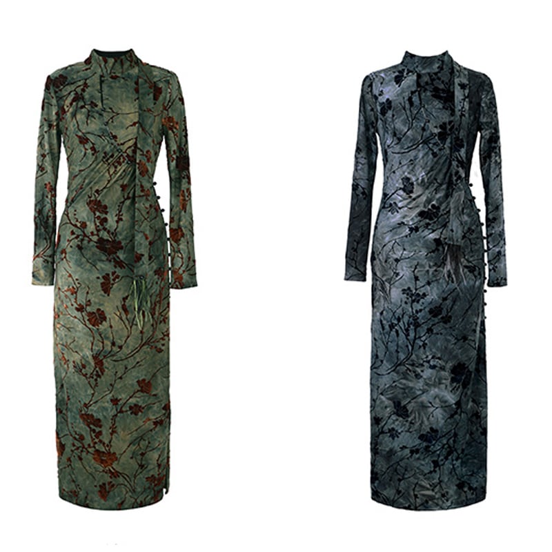 [Da Qinglong Shu Series] ★China style dress★ 2 colors Green or blue Velvet High neck Slim Slimming Feminine