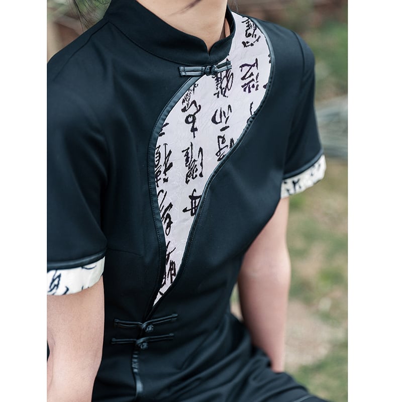 [Daiseiryusu Series] ★Chinese style dress★ Chinese dress, Chinese clothing, original, short sleeves, switching, letter pattern