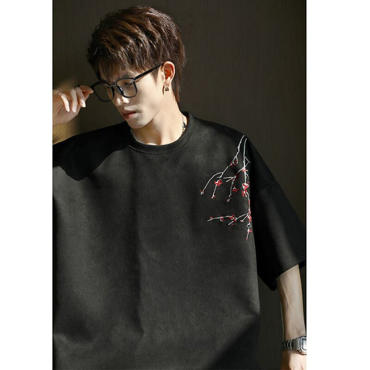 [MANYSTON Series]★China style T-shirt★ Tops 2color Unisex Men's Short Sleeve Plum Embroidery Casual