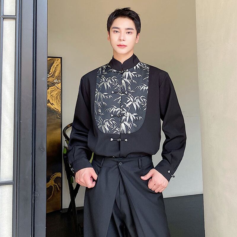 [Illustrated Series]★China Style Shirt★ Tops Unisex Men's Black Bamboo Pattern Switching Chinese Clothes