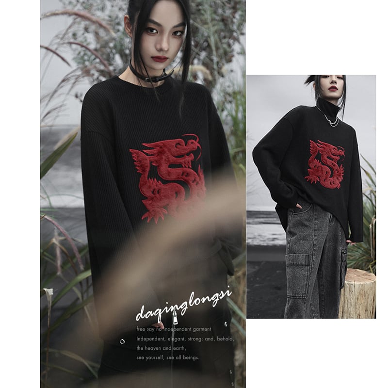 [Big Blue Dragon Series] ★Chinese style sweater★ Knit tops Dragon crest Chinese clothing Black Black Irregular