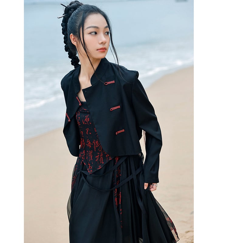 [Daiseiryusu Series] ★China style outerwear★ Tops embroidery black black unique color scheme slimming original