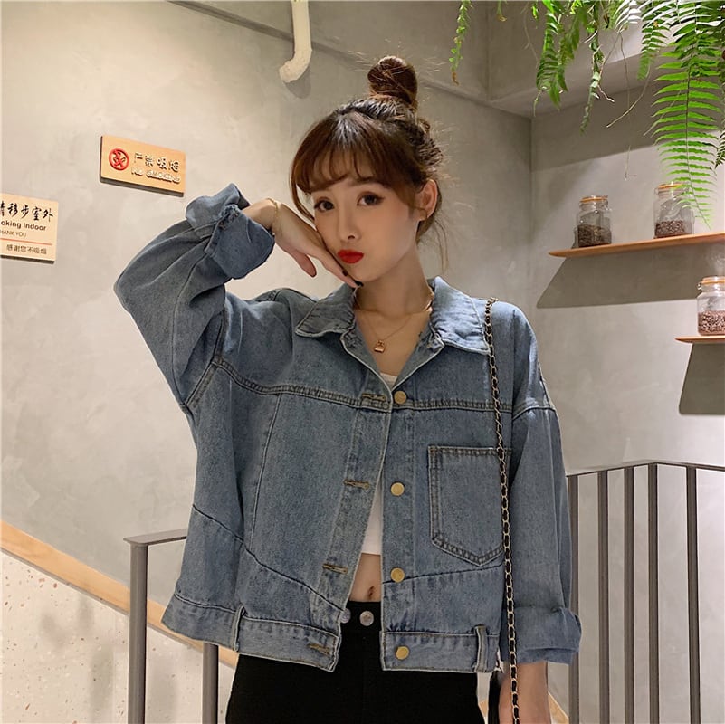 [Mikiko Series]★Denim Jacket★ Outer Jeans Short Length Fashion Easy to Match Blue Blue