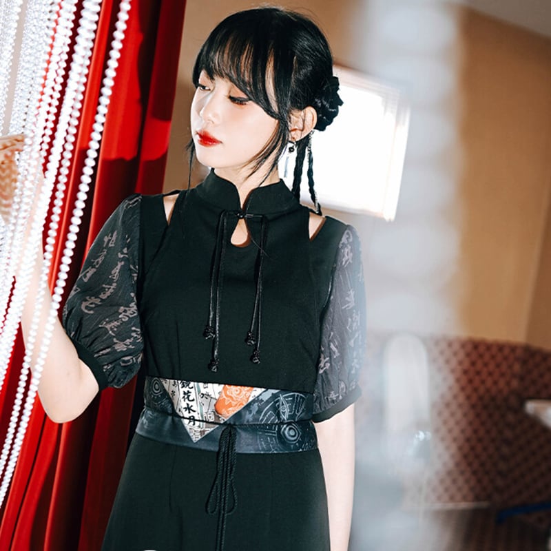 [Kokaisha---Kyouka Suigetsu Series]★China-style dress + belt★Cheongsam dress slimming black black