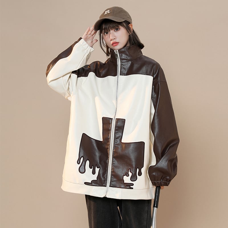 [Fujiiman Series]★Jacket★ 2color PU outerwear unisex men's color scheme coffee color blue