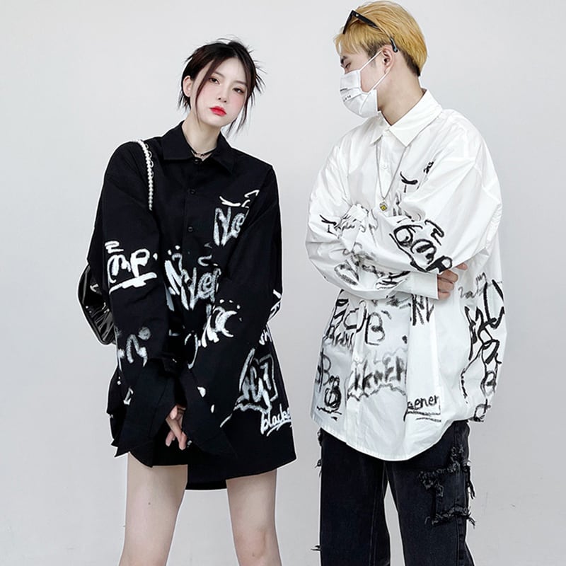 [ZHUJI Series]★Shirt★ 2color Tops Graffiti Unisex Men's Loose Stylish White Black