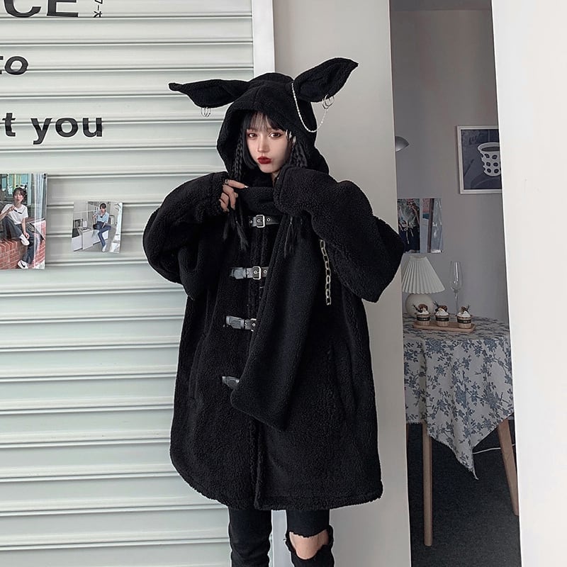 [Miyakoya Series] ★Coat + Hat★ Trench coat Black Black autumn/winter coat Thick, warm, loose, cute