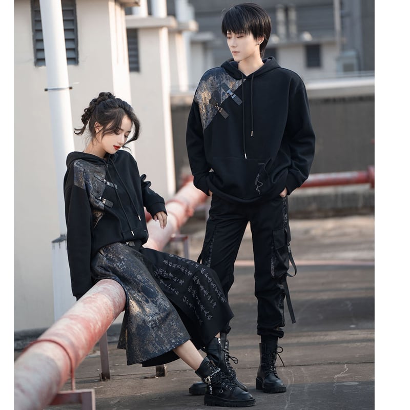 [Kyodo Series]★China style skirt★Bottoms Unisex Men's Switching Text Pattern Black Black Slit