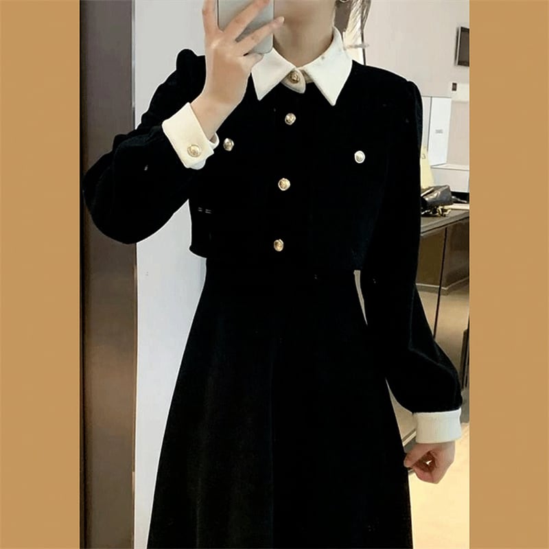 [ZHENMANZI Series] ★One Piece★ Faux layered long sleeve thick women's fashionable slimming appearance enhances your temperament Black Black