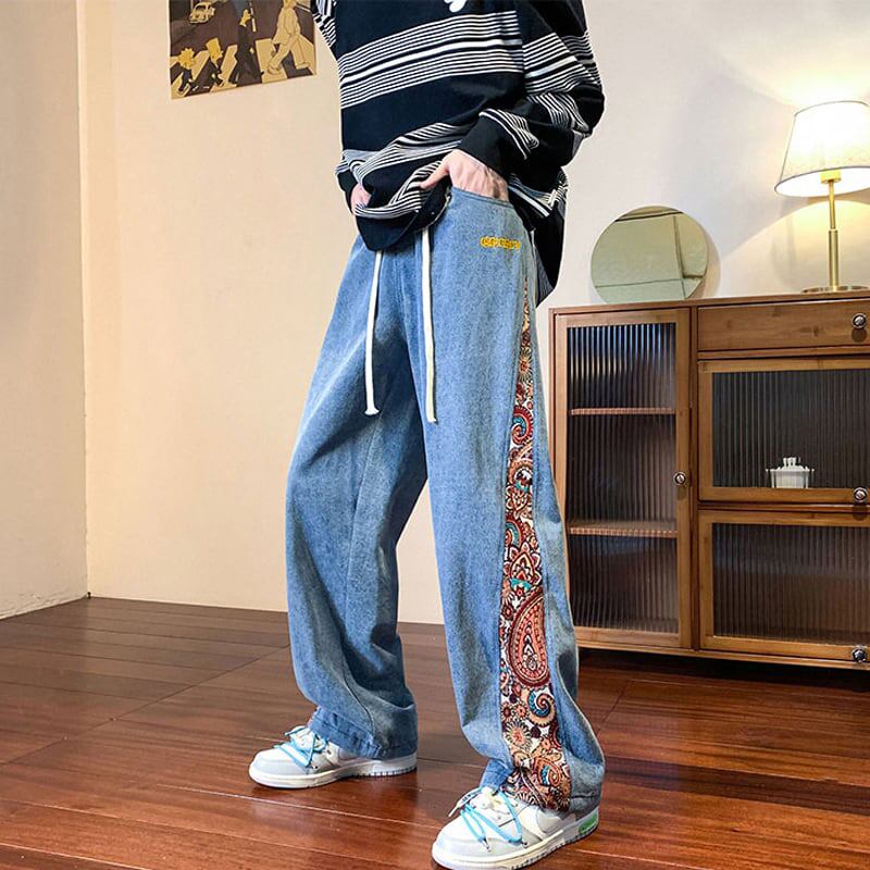 [High Series]★Casual Pants★ 2color Pants Bottoms Denim Pants Switching Print Floral Pattern Large Size